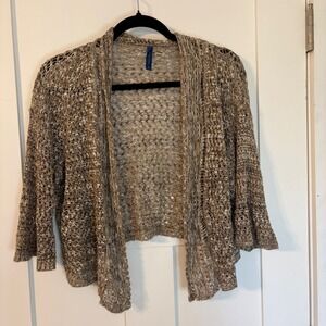 Womens XL Open Knit Cardigan Brown Tan 3/4 Sleeve Shrug Sweater layer whimsygoth